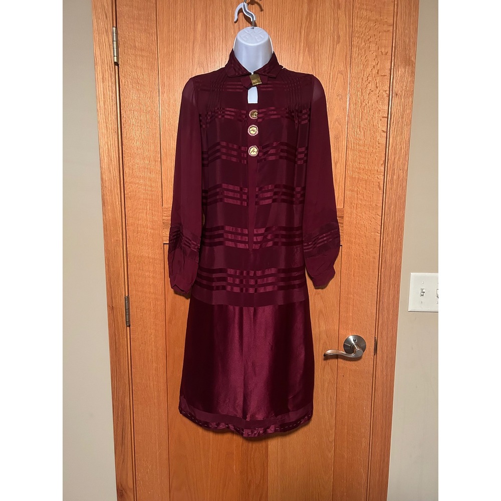 RARE Vintage Mme Renauld Burgundy Silk Flapper Dress Satin Stripe Drop Waist 30s